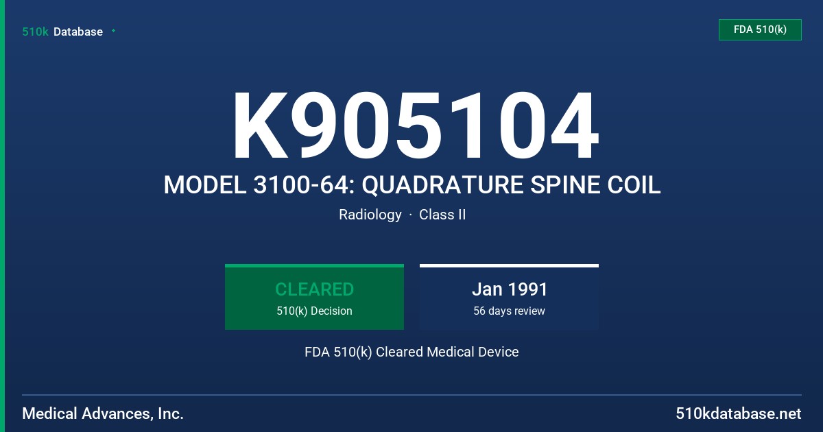 K905104 MODEL 3100-64: QUADRATURE SPINE COIL FDA 510(k) Cleared Medical Device