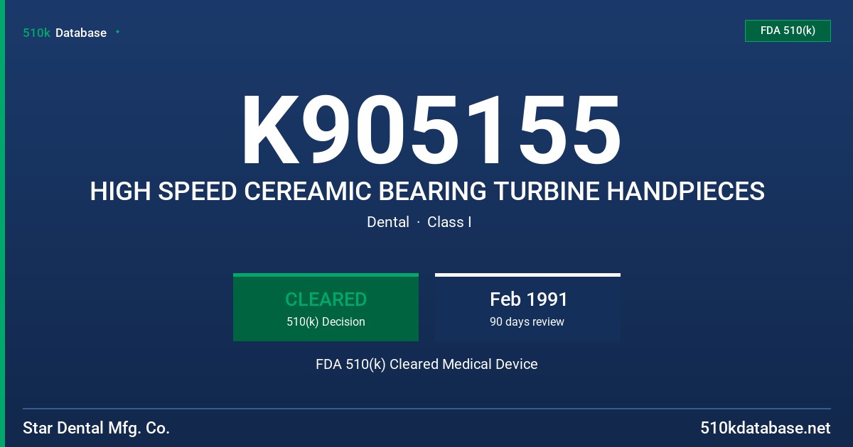 K905155 HIGH SPEED CEREAMIC BEARING TURBINE HANDPIECES FDA 510(k) Cleared Medical Device