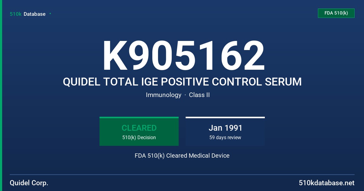 K905162 QUIDEL TOTAL IGE POSITIVE CONTROL SERUM FDA 510(k) Cleared Medical Device