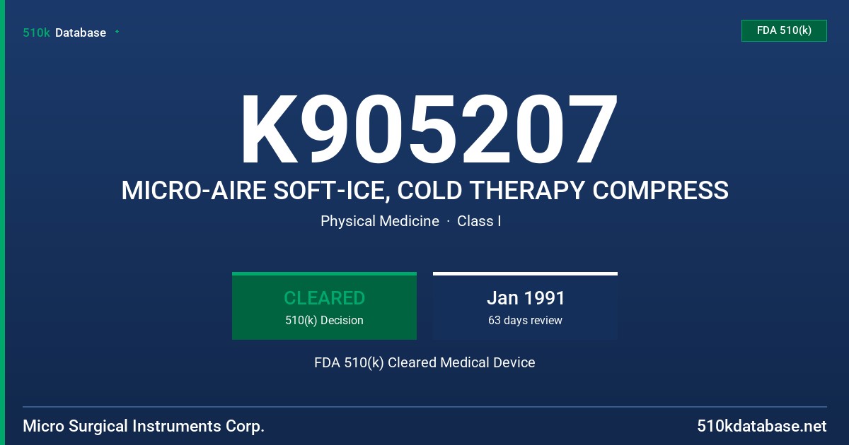 K905207 MICRO-AIRE SOFT-ICE, COLD THERAPY COMPRESS FDA 510(k) Cleared Medical Device