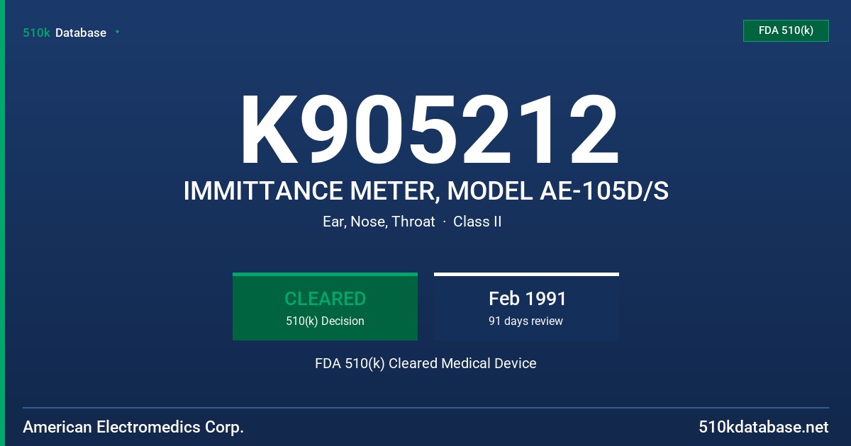 K905212 IMMITTANCE METER, MODEL AE-105D/S FDA 510(k) Cleared Medical Device