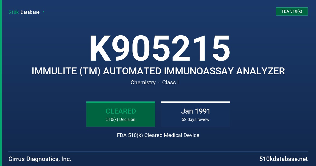 K905215 IMMULITE (TM) AUTOMATED IMMUNOASSAY ANALYZER FDA 510(k) Cleared Medical Device