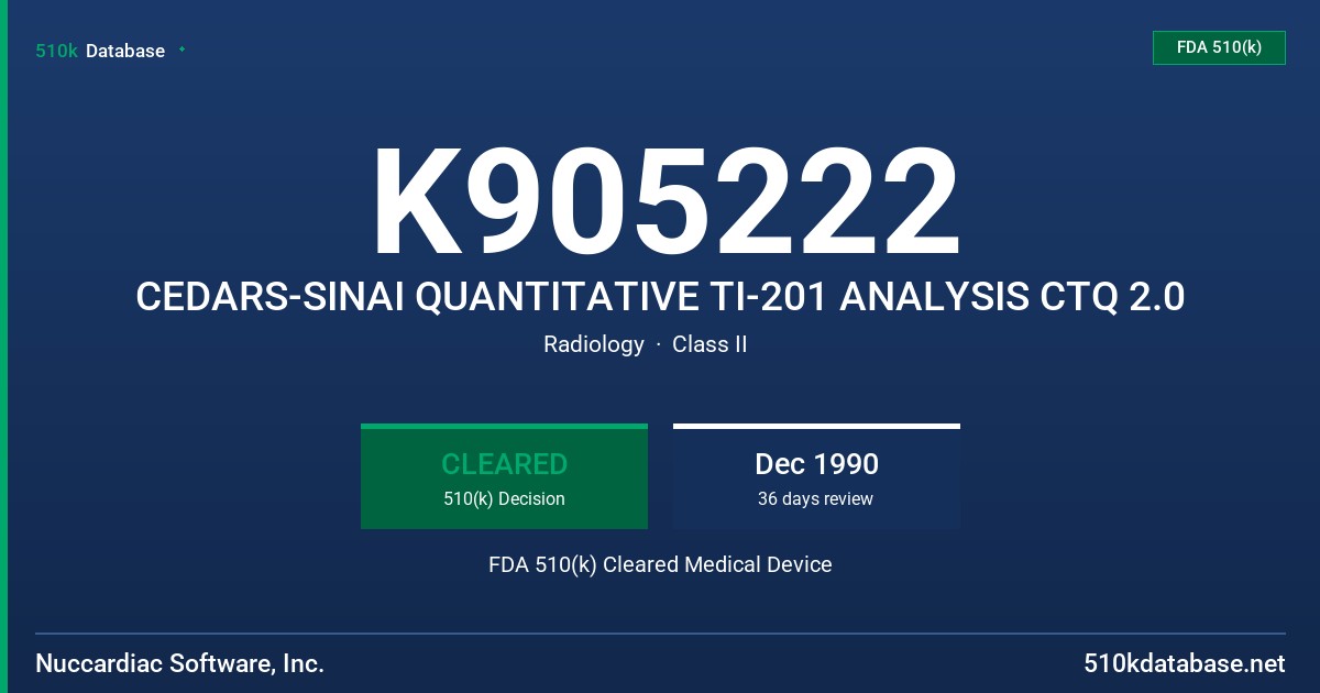 K905222 CEDARS-SINAI QUANTITATIVE TI-201 ANALYSIS CTQ 2.0 FDA 510(k) Cleared Medical Device