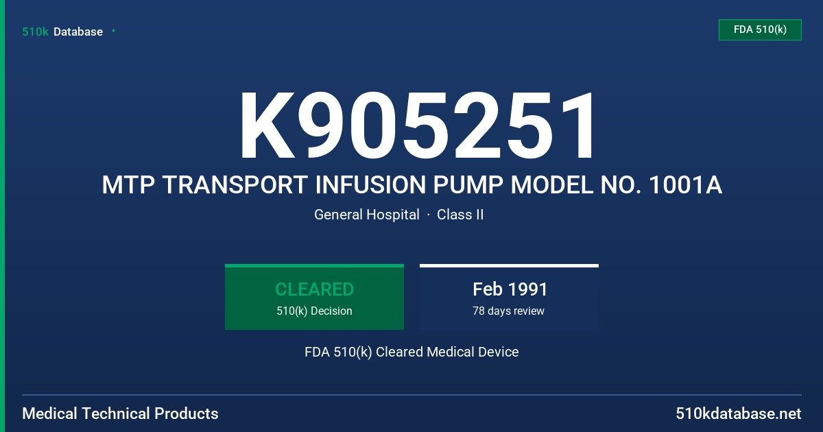 K905251 MTP TRANSPORT INFUSION PUMP MODEL NO. 1001A FDA 510(k) Cleared Medical Device