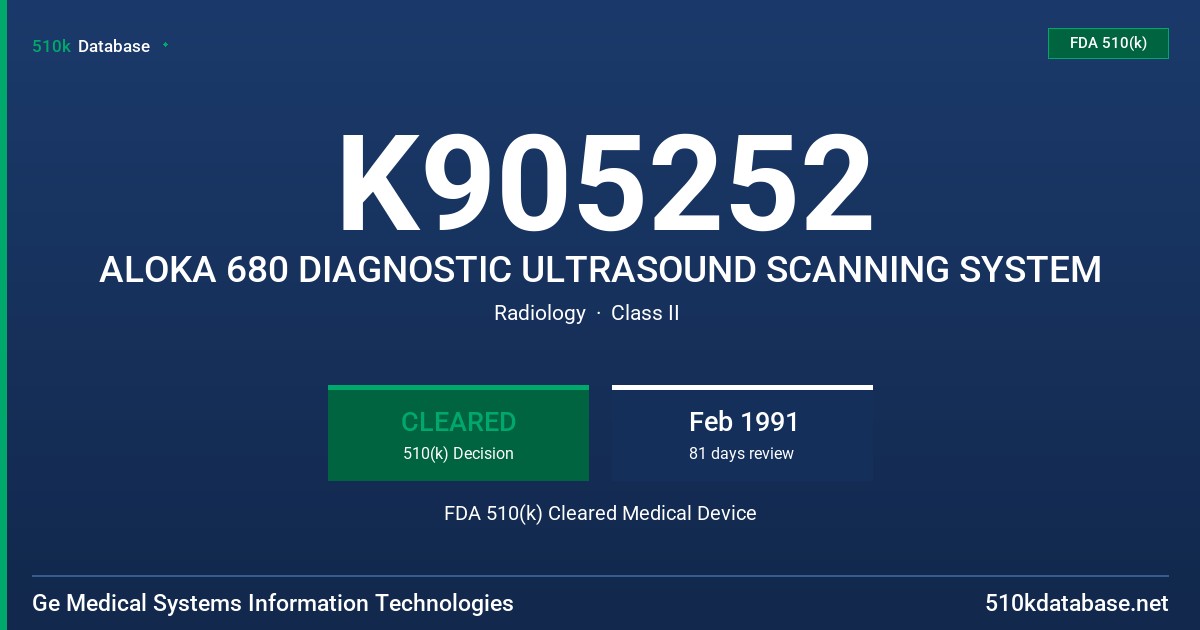 K905252 ALOKA 680 DIAGNOSTIC ULTRASOUND SCANNING SYSTEM FDA 510(k) Cleared Medical Device