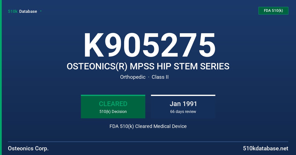 K905275 OSTEONICS(R) MPSS HIP STEM SERIES FDA 510(k) Cleared Medical Device