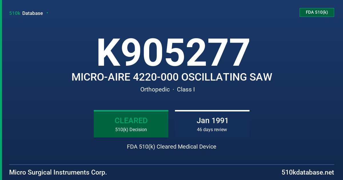 K905277 MICRO-AIRE 4220-000 OSCILLATING SAW FDA 510(k) Cleared Medical Device