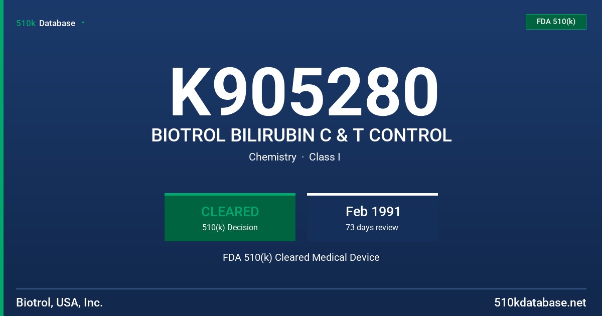K905280 BIOTROL BILIRUBIN C & T CONTROL FDA 510(k) Cleared Medical Device