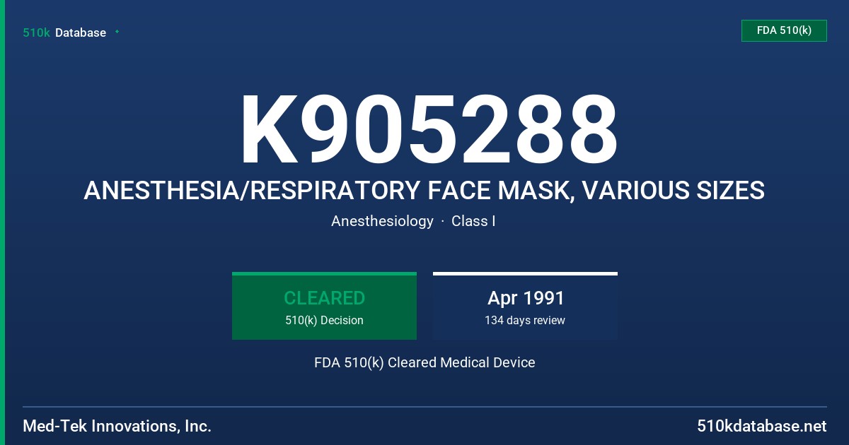 K905288 ANESTHESIA/RESPIRATORY FACE MASK, VARIOUS SIZES FDA 510(k) Cleared Medical Device