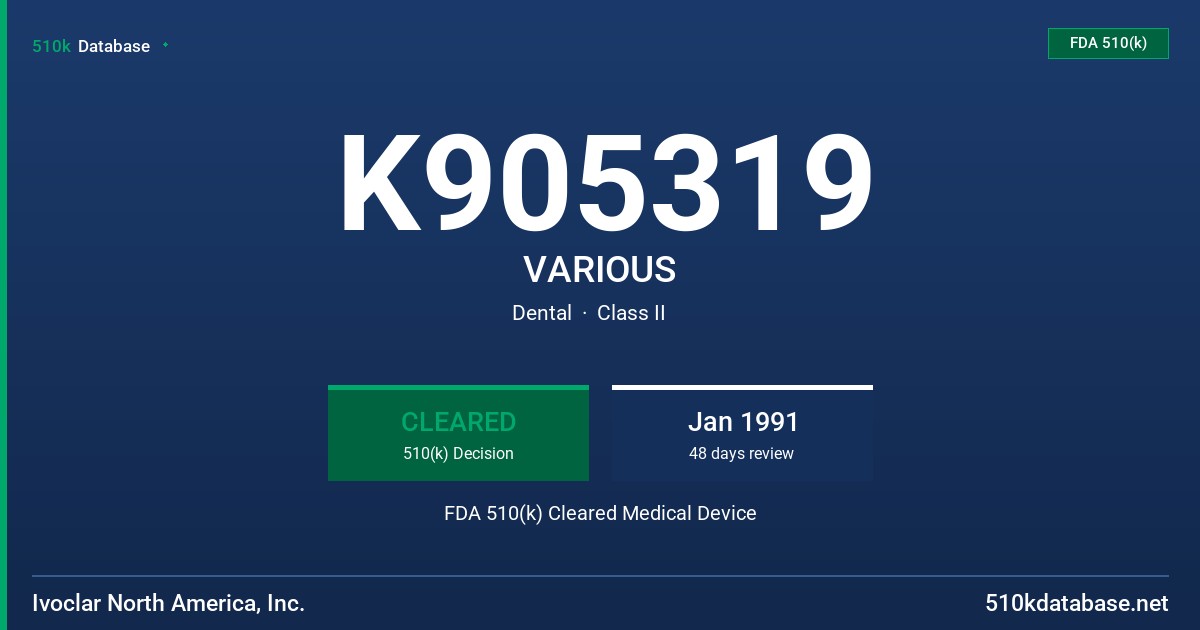 K905319 VARIOUS FDA 510(k) Cleared Medical Device