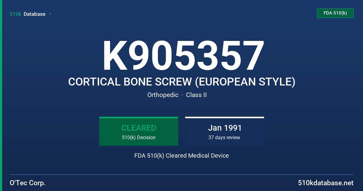 K905357 CORTICAL BONE SCREW (EUROPEAN STYLE) FDA 510(k) Cleared Medical Device