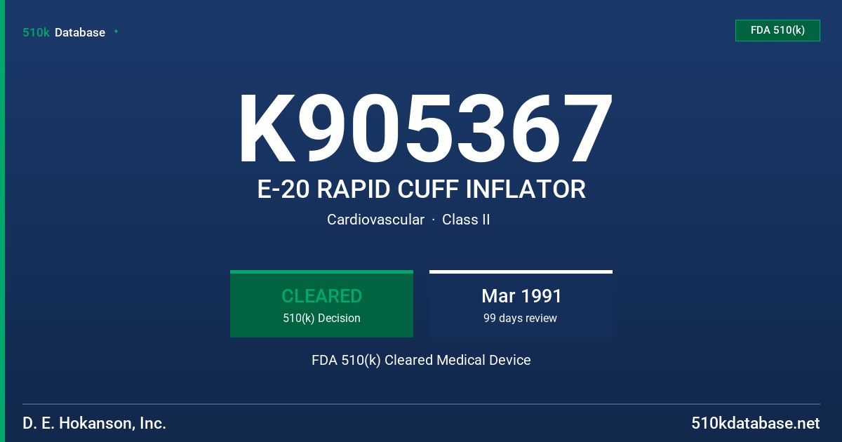 K905367 E-20 RAPID CUFF INFLATOR FDA 510(k) Cleared Medical Device
