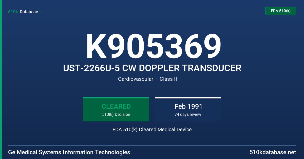K905369 UST-2266U-5 CW DOPPLER TRANSDUCER FDA 510(k) Cleared Medical Device