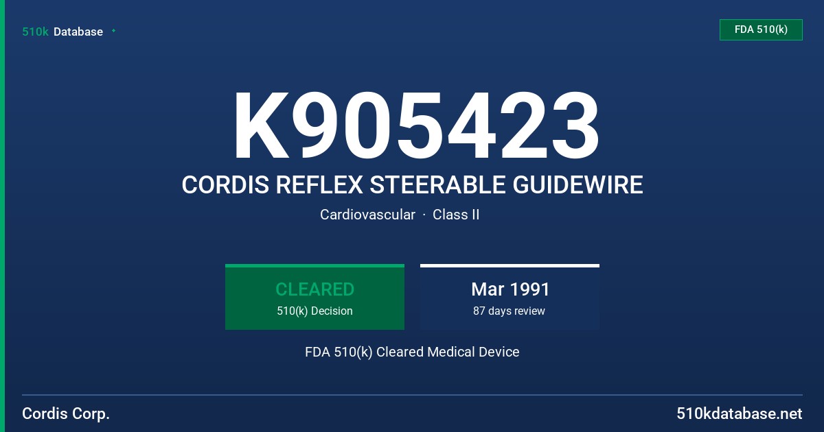 K905423 CORDIS REFLEX STEERABLE GUIDEWIRE FDA 510(k) Cleared Medical Device