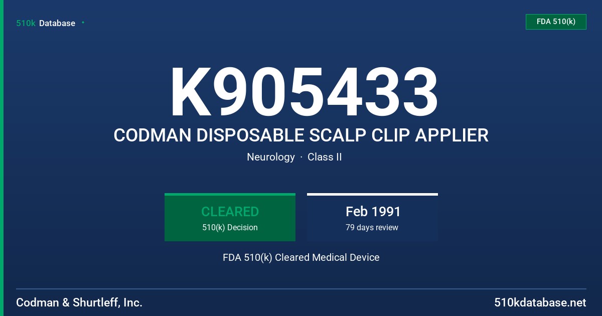K905433 CODMAN DISPOSABLE SCALP CLIP APPLIER FDA 510(k) Cleared Medical Device