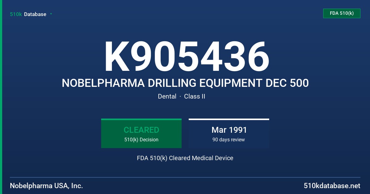 K905436 NOBELPHARMA DRILLING EQUIPMENT DEC 500 FDA 510(k) Cleared Medical Device