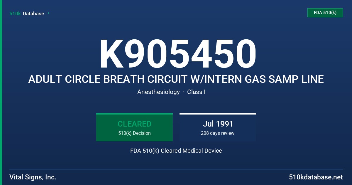 K905450 ADULT CIRCLE BREATH CIRCUIT W/INTERN GAS SAMP LINE FDA 510(k) Cleared Medical Device