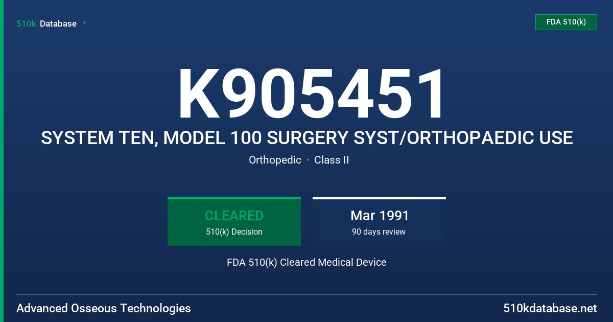 K905451 SYSTEM TEN, MODEL 100 SURGERY SYST/ORTHOPAEDIC USE FDA 510(k) Cleared Medical Device