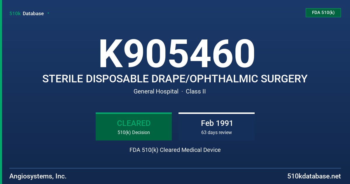 K905460 STERILE DISPOSABLE DRAPE/OPHTHALMIC SURGERY FDA 510(k) Cleared Medical Device