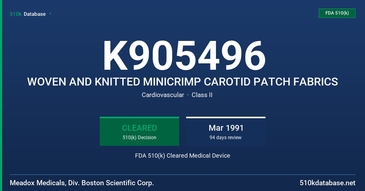 K905496 WOVEN AND KNITTED MINICRIMP CAROTID PATCH FABRICS FDA 510(k) Cleared Medical Device