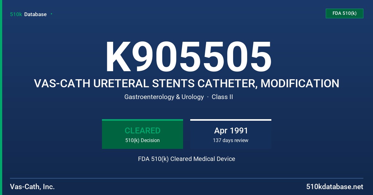 K905505 VAS-CATH URETERAL STENTS CATHETER, MODIFICATION FDA 510(k) Cleared Medical Device