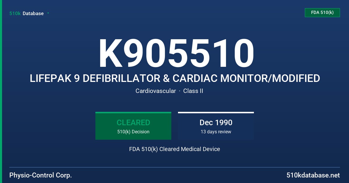 K905510 LIFEPAK 9 DEFIBRILLATOR & CARDIAC MONITOR/MODIFIED FDA 510(k) Cleared Medical Device