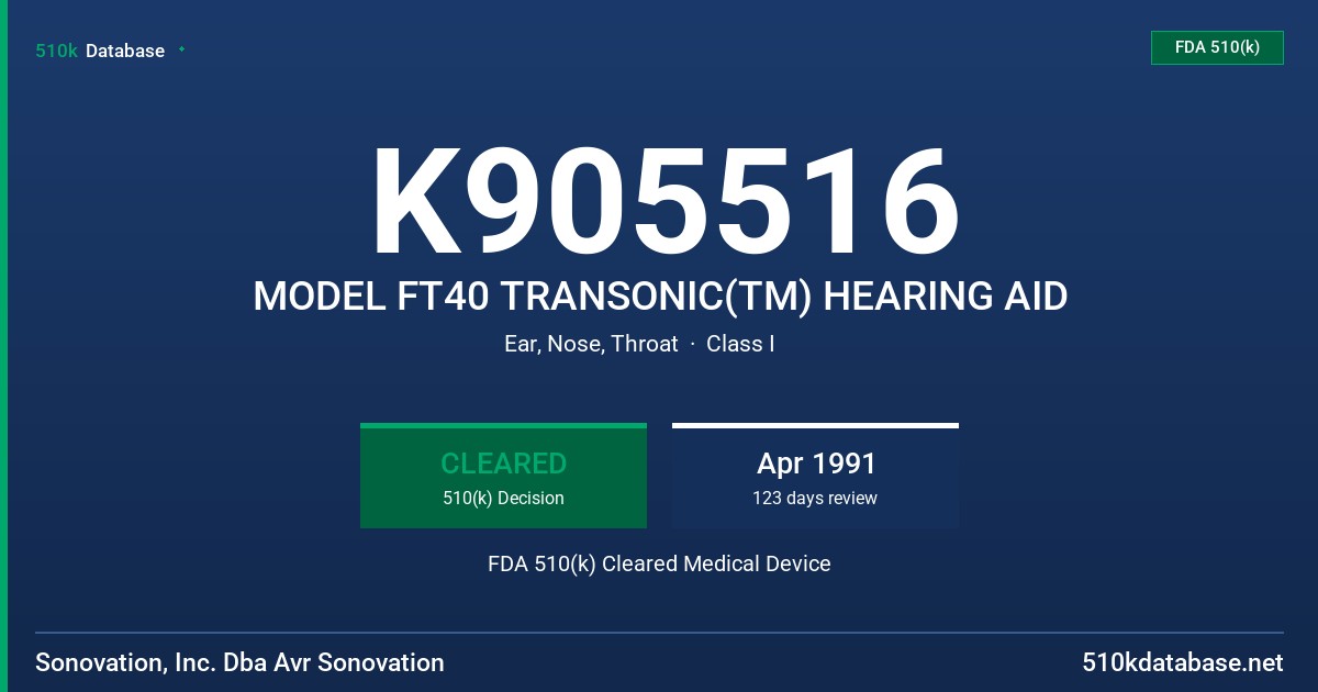 K905516 MODEL FT40 TRANSONIC(TM) HEARING AID FDA 510(k) Cleared Medical Device