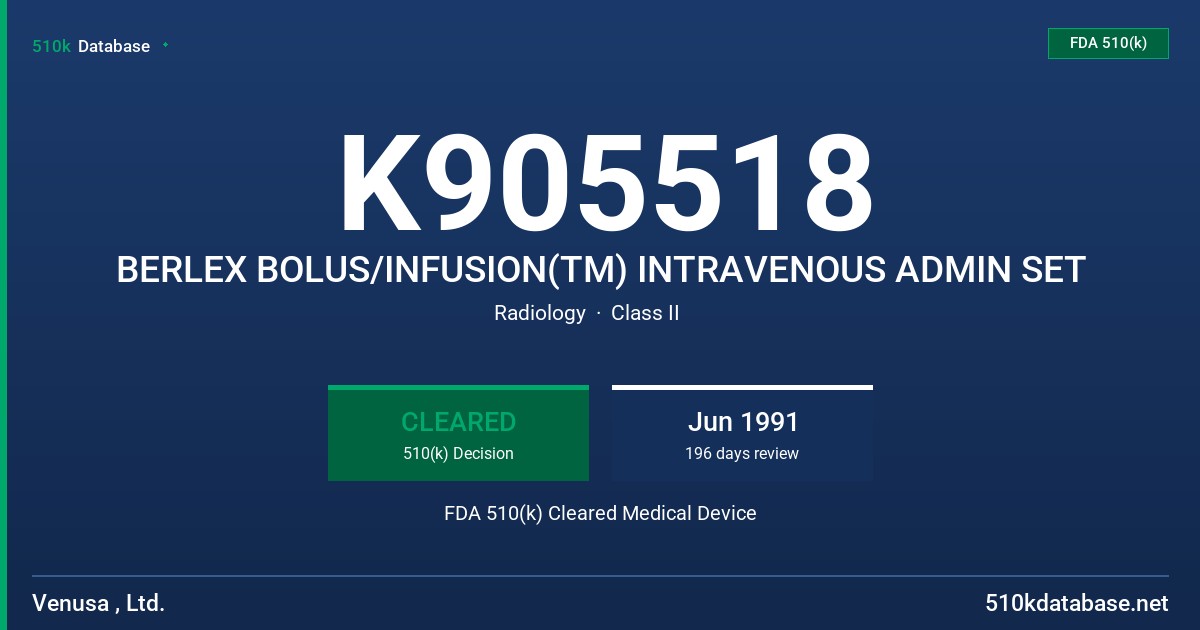 K905518 BERLEX BOLUS/INFUSION(TM) INTRAVENOUS ADMIN SET FDA 510(k) Cleared Medical Device