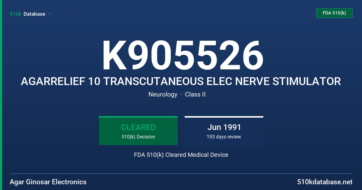 K905526 AGARRELIEF 10 TRANSCUTANEOUS ELEC NERVE STIMULATOR FDA 510(k) Cleared Medical Device