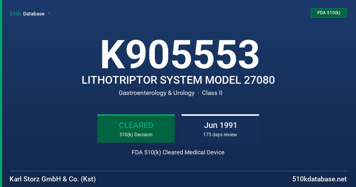 K905553 LITHOTRIPTOR SYSTEM MODEL 27080 FDA 510(k) Cleared Medical Device