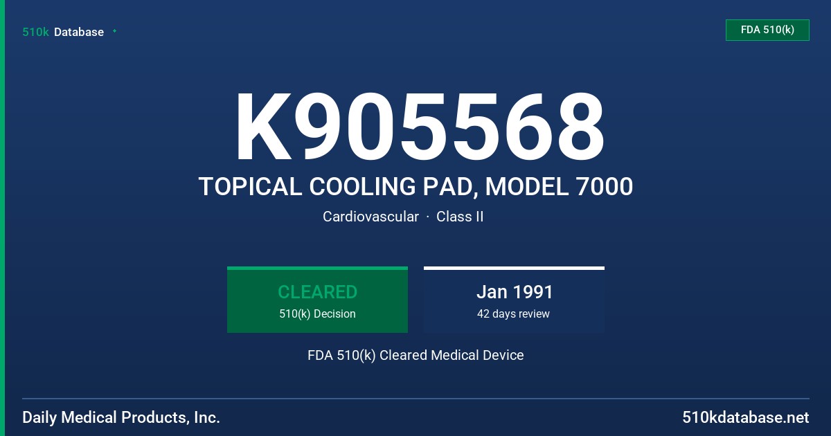 K905568 TOPICAL COOLING PAD, MODEL 7000 FDA 510(k) Cleared Medical Device