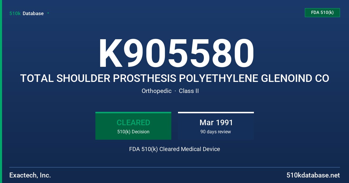 K905580 TOTAL SHOULDER PROSTHESIS POLYETHYLENE GLENOIND CO FDA 510(k) Cleared Medical Device