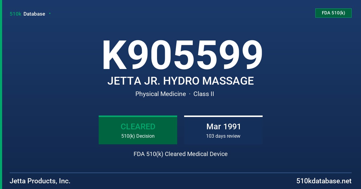 K905599 JETTA JR. HYDRO MASSAGE FDA 510(k) Cleared Medical Device