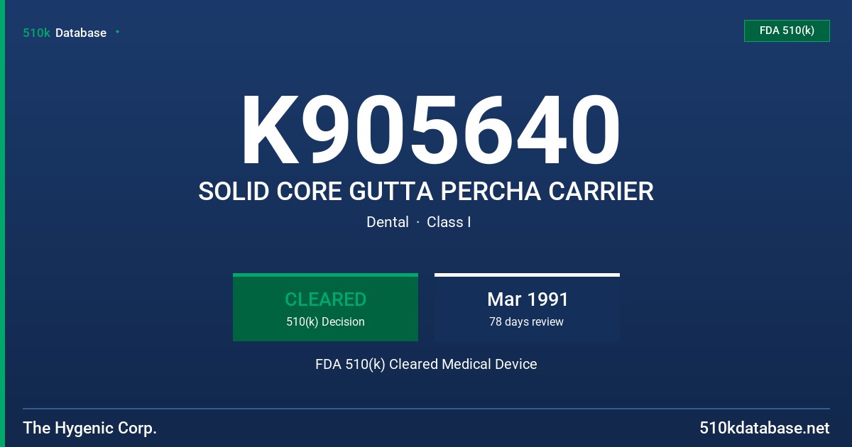 K905640 SOLID CORE GUTTA PERCHA CARRIER FDA 510(k) Cleared Medical Device