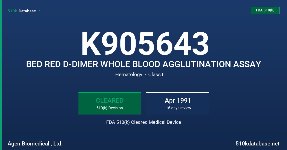 K905643 BED RED D-DIMER WHOLE BLOOD AGGLUTINATION ASSAY FDA 510(k) Cleared Medical Device