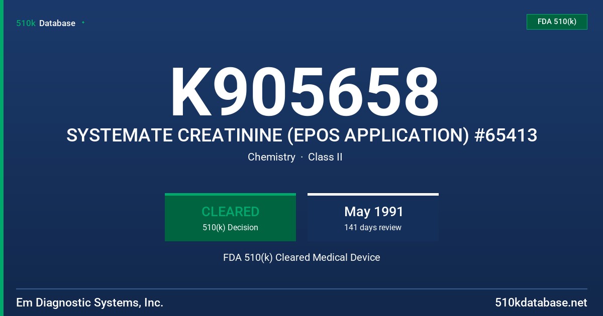 K905658 SYSTEMATE CREATININE (EPOS APPLICATION) #65413 FDA 510(k) Cleared Medical Device