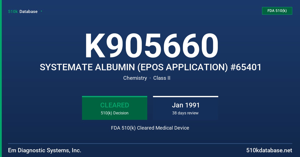 K905660 SYSTEMATE ALBUMIN (EPOS APPLICATION) #65401 FDA 510(k) Cleared Medical Device