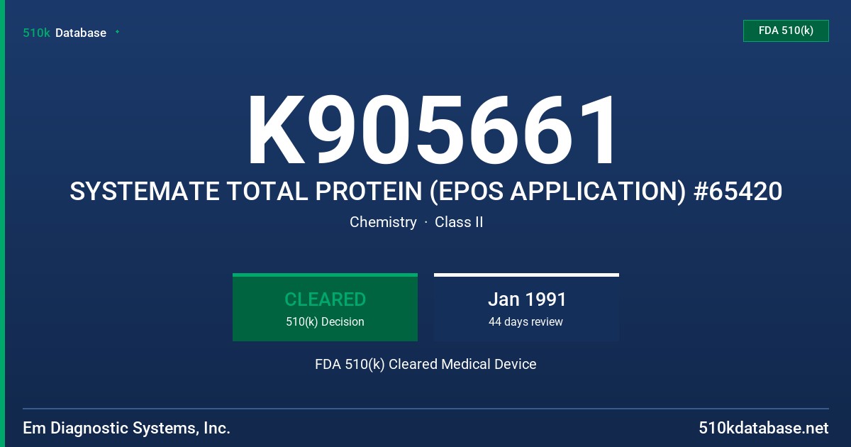 K905661 SYSTEMATE TOTAL PROTEIN (EPOS APPLICATION) #65420 FDA 510(k) Cleared Medical Device
