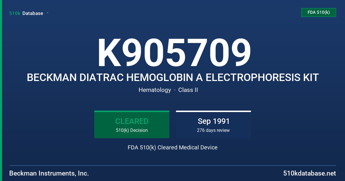 K905709 BECKMAN DIATRAC HEMOGLOBIN A ELECTROPHORESIS KIT FDA 510(k) Cleared Medical Device