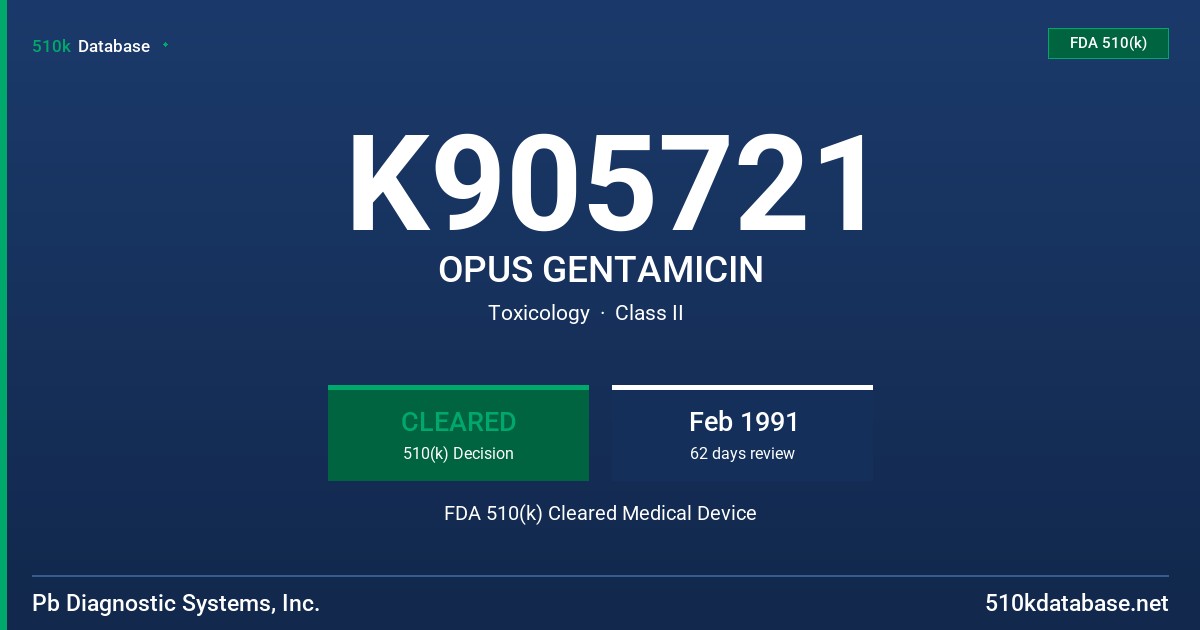 K905721 OPUS GENTAMICIN FDA 510(k) Cleared Medical Device