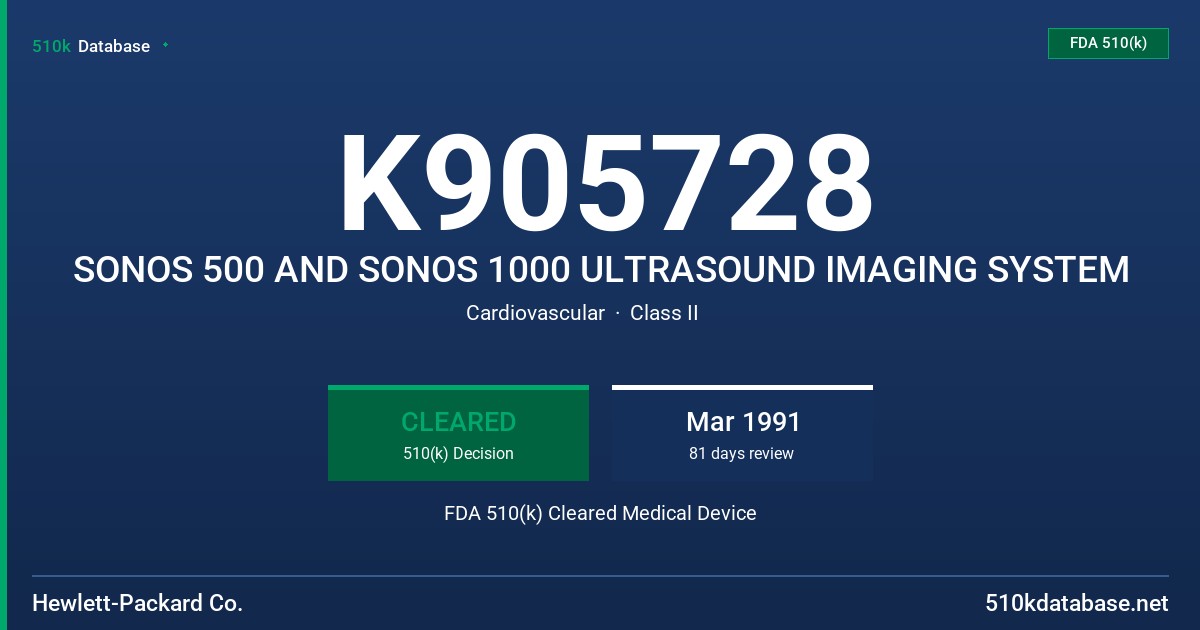 K905728 SONOS 500 AND SONOS 1000 ULTRASOUND IMAGING SYSTEM FDA 510(k) Cleared Medical Device