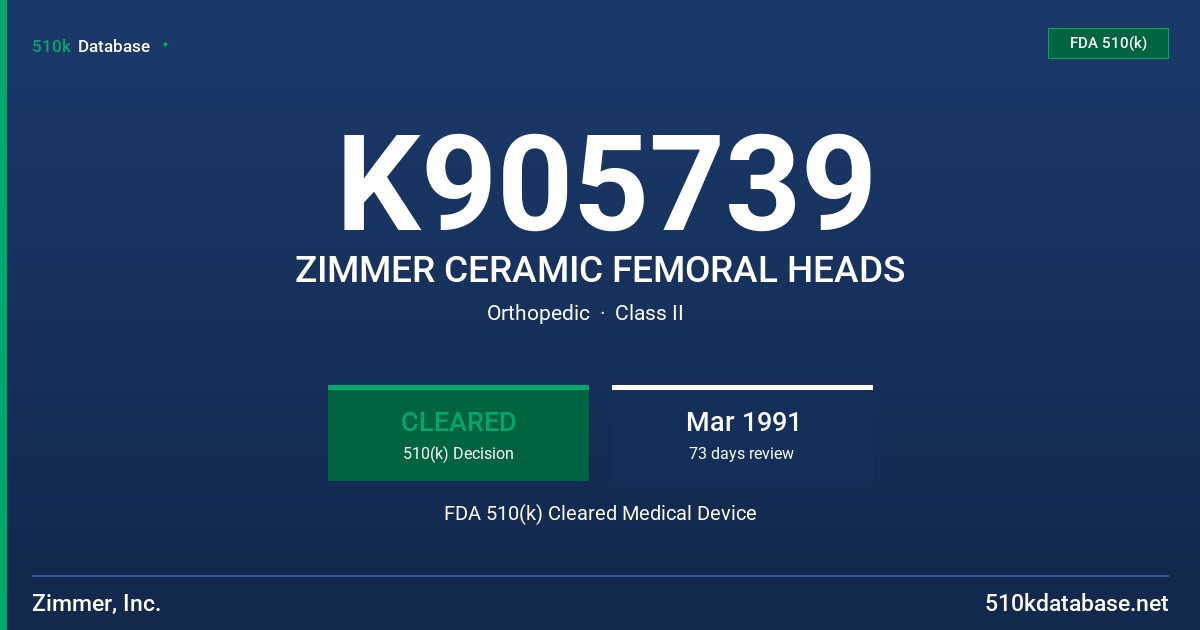 K905739 ZIMMER CERAMIC FEMORAL HEADS FDA 510(k) Cleared Medical Device