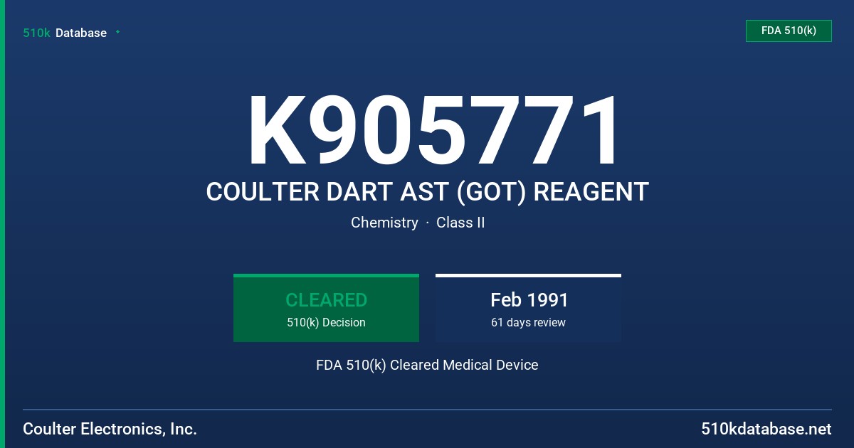 K905771 COULTER DART AST (GOT) REAGENT FDA 510(k) Cleared Medical Device