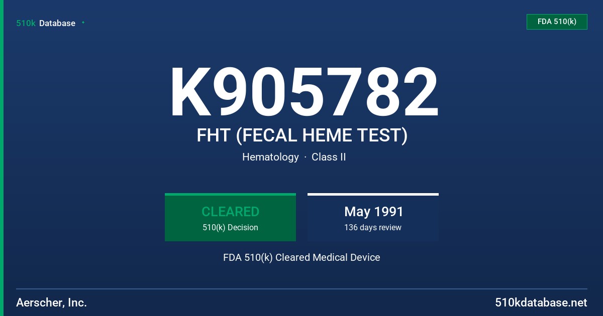 K905782 FHT (FECAL HEME TEST) FDA 510(k) Cleared Medical Device