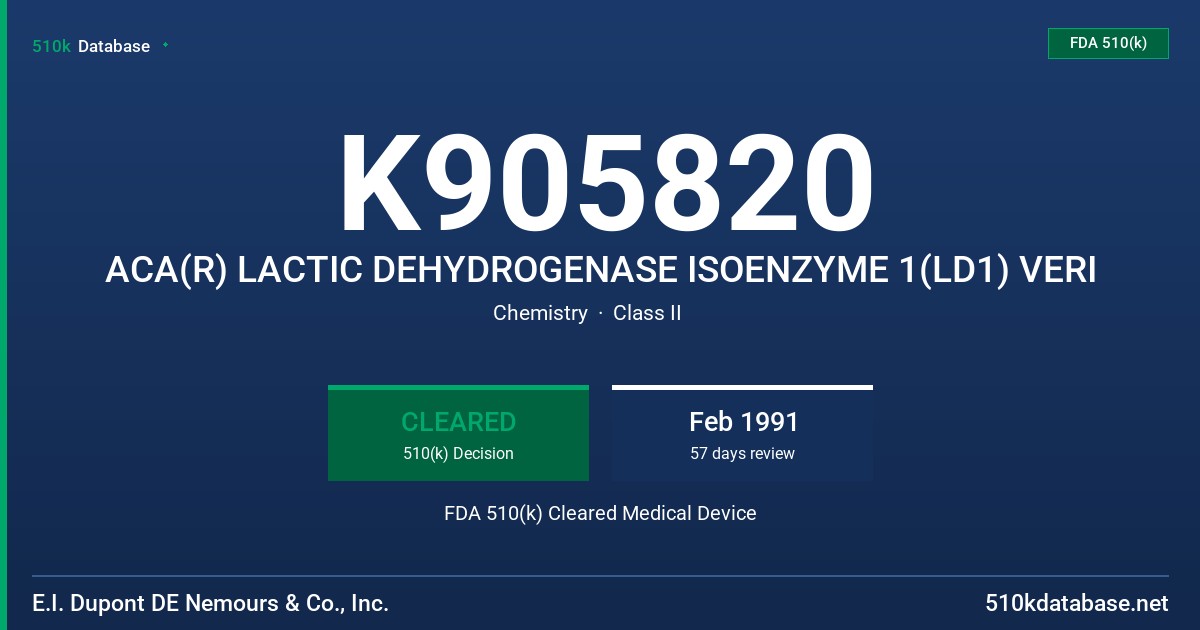 K905820 ACA(R) LACTIC DEHYDROGENASE ISOENZYME 1(LD1) VERI FDA 510(k) Cleared Medical Device