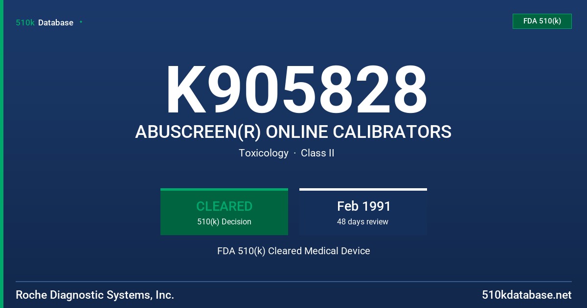 K905828 ABUSCREEN(R) ONLINE CALIBRATORS FDA 510(k) Cleared Medical Device