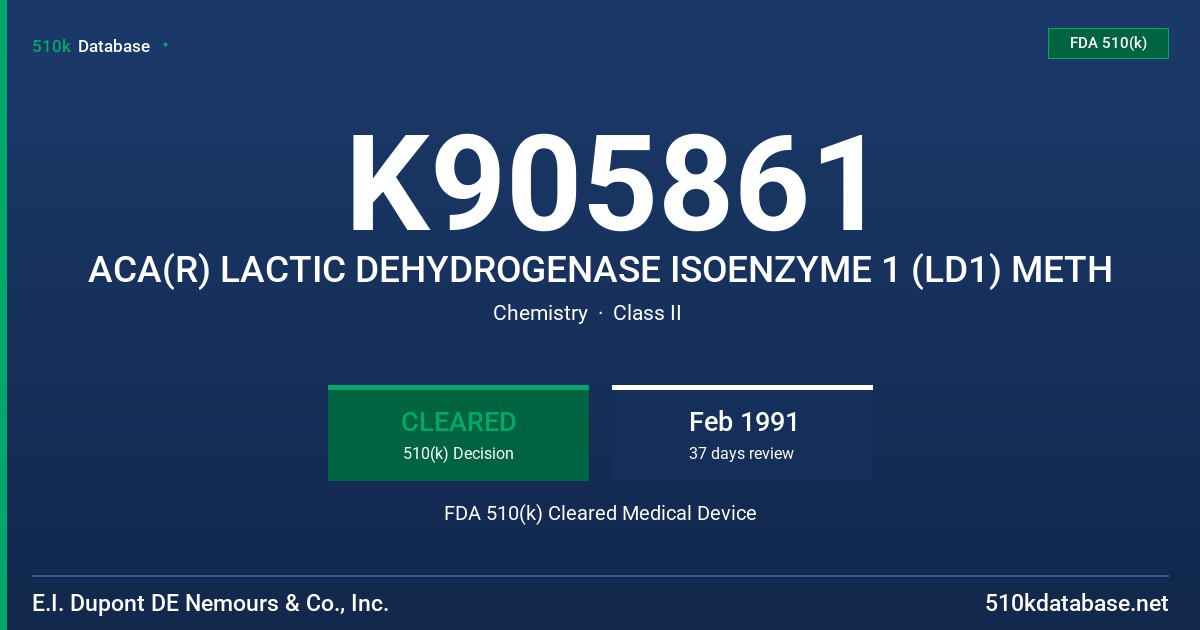 K905861 ACA(R) LACTIC DEHYDROGENASE ISOENZYME 1 (LD1) METH FDA 510(k) Cleared Medical Device