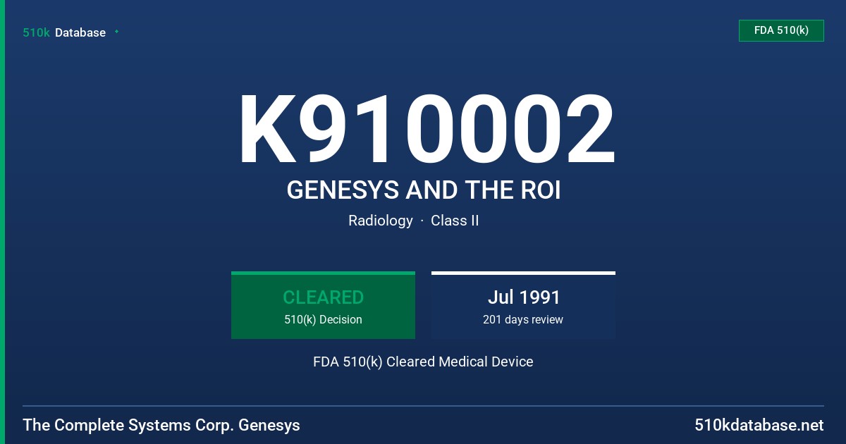 K910002 GENESYS AND THE ROI FDA 510(k) Cleared Medical Device