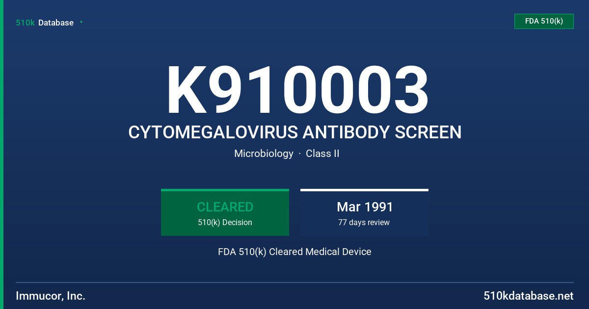 K910003 CYTOMEGALOVIRUS ANTIBODY SCREEN FDA 510(k) Cleared Medical Device