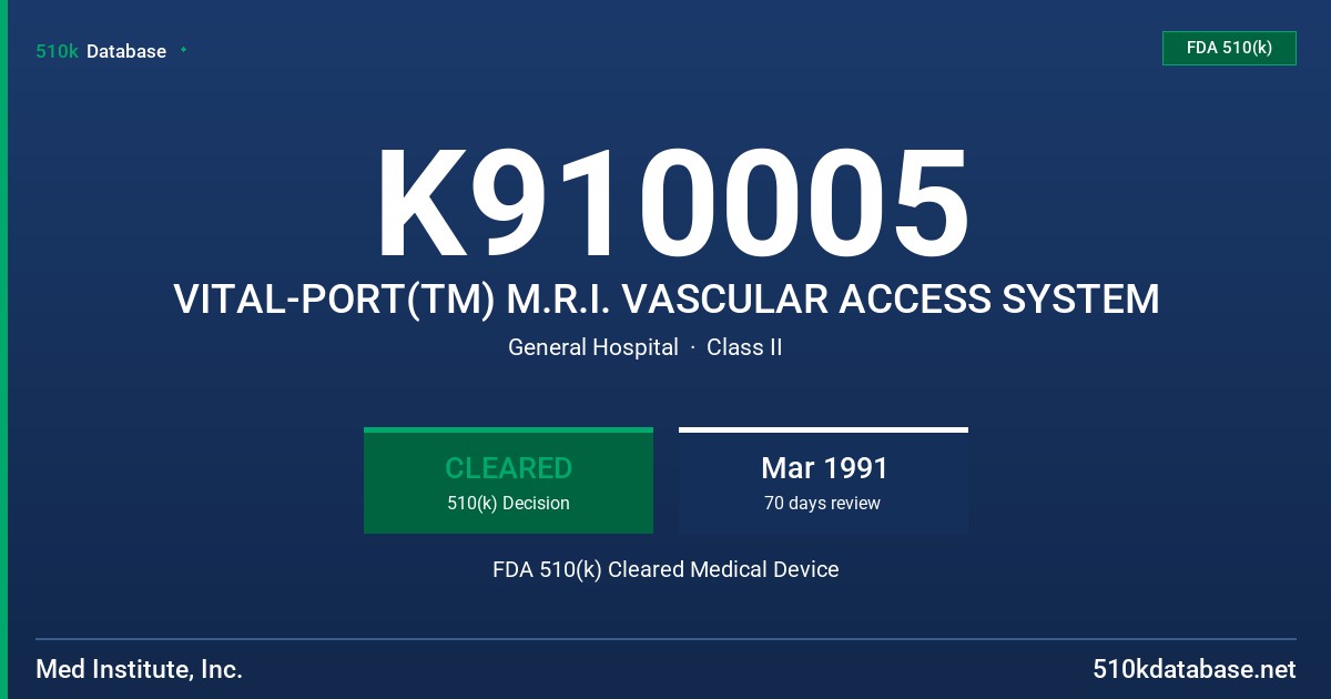 K910005 VITAL-PORT(TM) M.R.I. VASCULAR ACCESS SYSTEM FDA 510(k) Cleared Medical Device